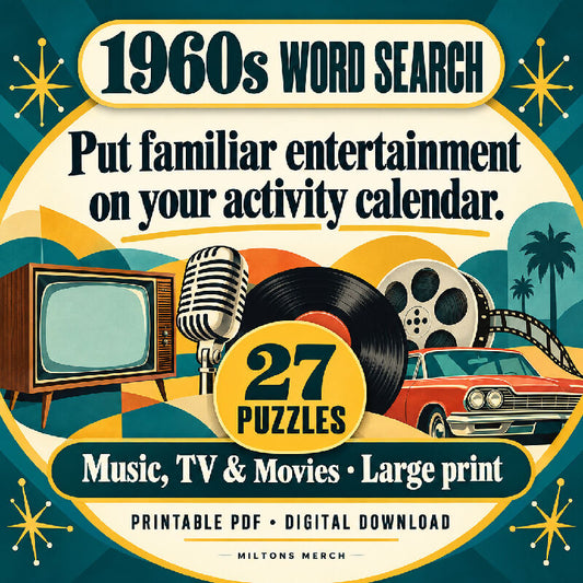 1960s Word Search — Music, TV & Movies | 27 Large Print Nostalgia Puzzles, PDF
