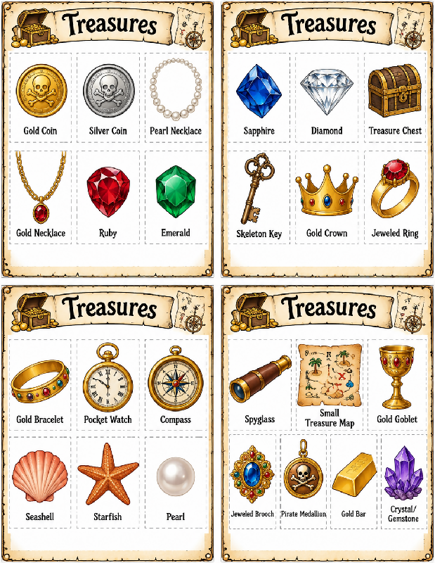 Treasure Bingo (35 Boards) & Scavenger Hunt, Pirate Party or Recreation Activities