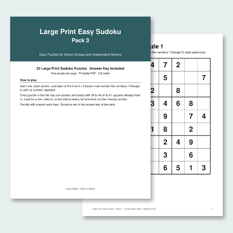 Large Print Easy Sudoku for Seniors, Pack 3: 25 Puzzles with Answer Key (Printable PDF)