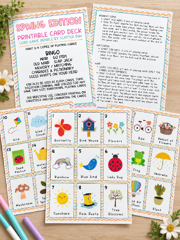 Spring Bingo & Reminiscing Card Game Bundle, 50 Boards, Scavenger Hunt, Memory Matching Flash Cards,  Easter Printable Activities, Playing Cards
