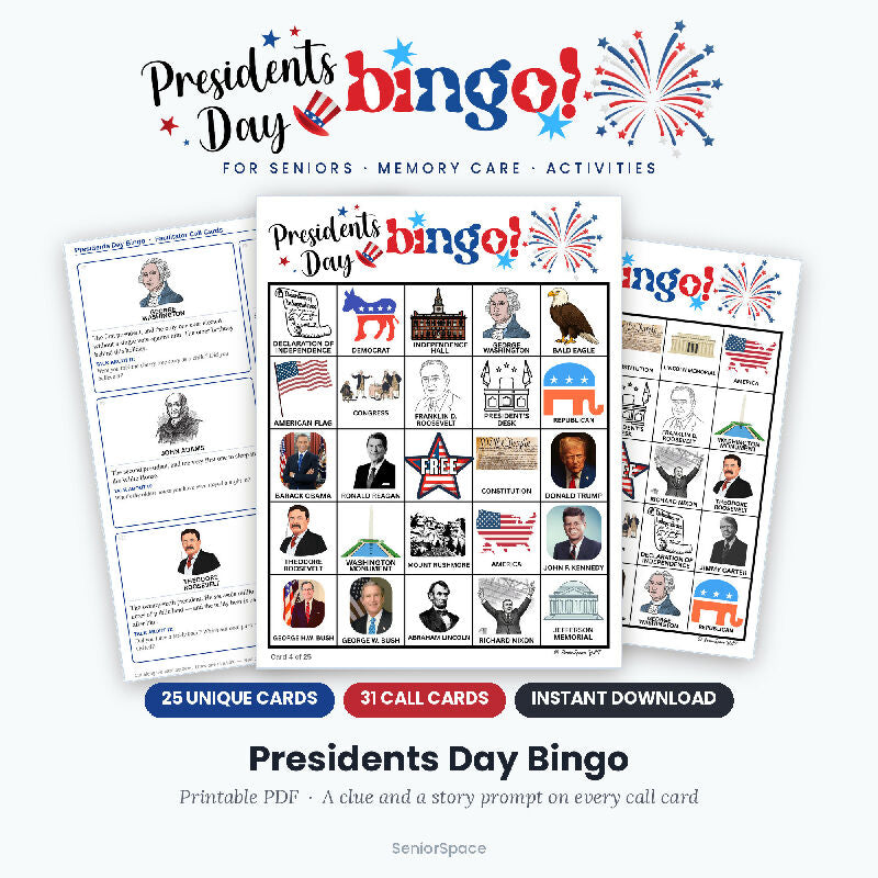 Presidents Day Picture Bingo, 25 Printable Cards, Call Cards with Clues, Discussion Questions Included