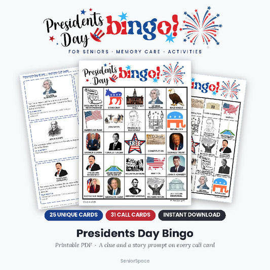 Presidents Day Picture Bingo, 25 Printable Cards, Call Cards with Clues, Discussion Questions Included