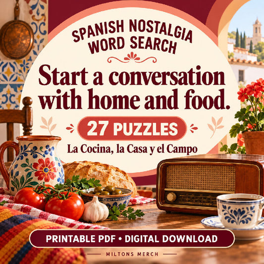Spanish Nostalgia Word Search — La Cocina, la Casa y el Campo | 27 Large Print Puzzles