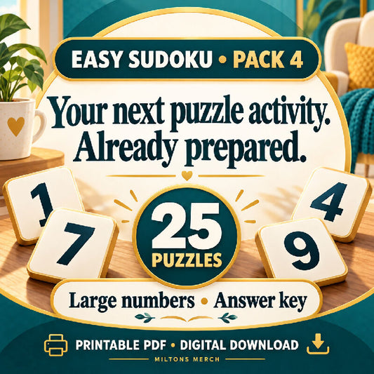 Large Print Easy Sudoku for Seniors — 25 Puzzles, Pack 4 | Printable PDF