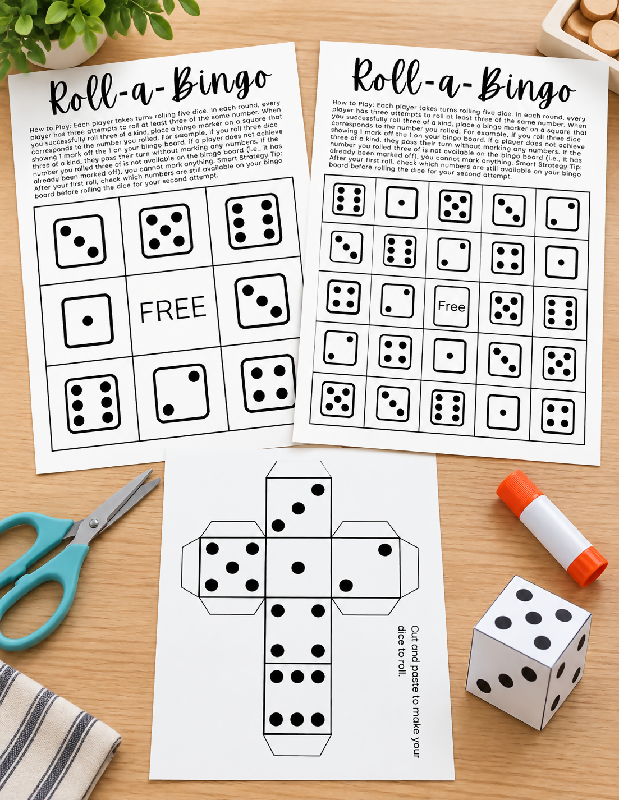 Roll-a-Bingo, Printable Dice Bingo Boards and Protocol, Group Games