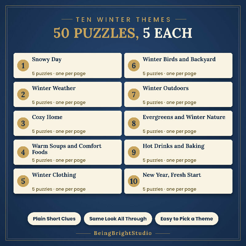 Winter Crossword Puzzles for Seniors, 50 Extra Large Print Pages, Group Activity, Answer Keys
