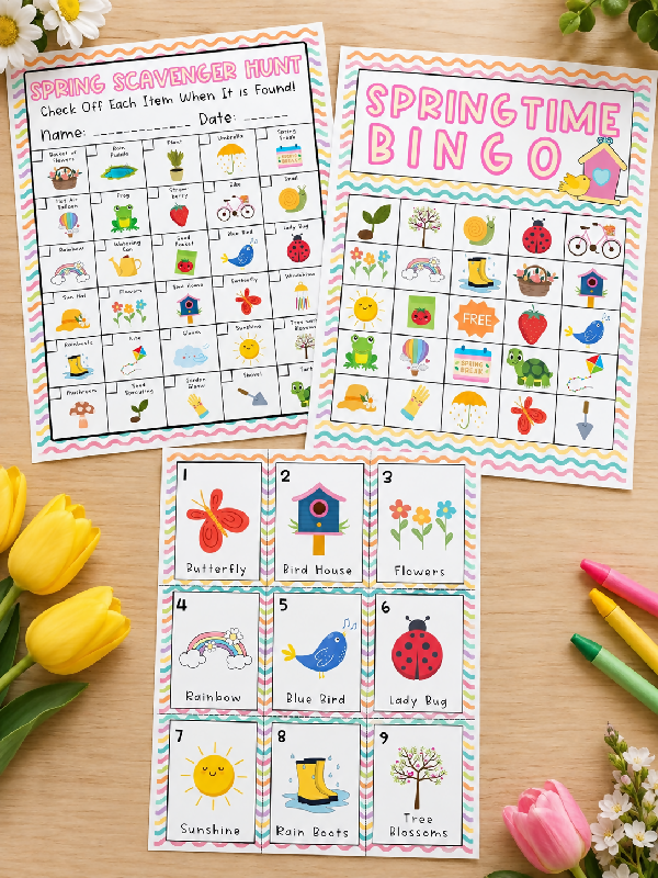 Spring Bingo & Reminiscing Card Game Bundle, 50 Boards, Scavenger Hunt, Memory Matching Flash Cards,  Easter Printable Activities, Playing Cards