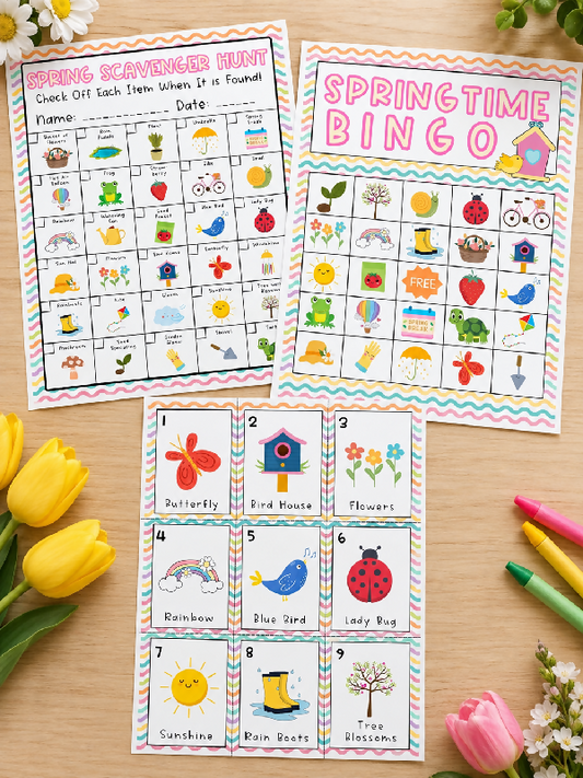 Spring Bingo & Reminiscing Card Game Bundle, 50 Boards, Scavenger Hunt, Memory Matching Flash Cards,  Easter Printable Activities, Playing Cards