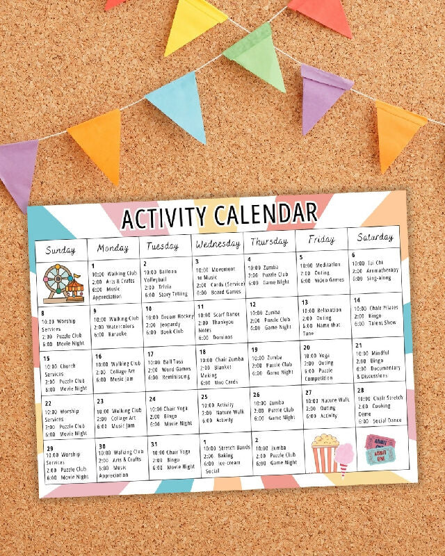 Activity Calendar Canva Template for Recreation Director, Bulletin Board Theme for Long Term Care Senior Living or Day Program