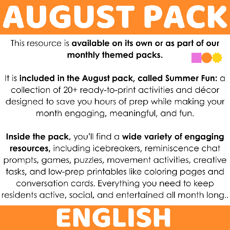 Word Search August Theme - 3 Levels of Difficulty Wordsearch