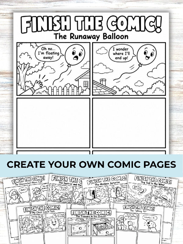 Finish the Comic, Create a Comic Book Coloring Page, Writing and Drawing Activity, 40 Story Panels, Printable Pages