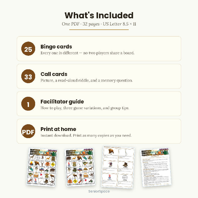 Hunting Fishing Camping Bingo for Seniors, Men's Club Activity, 25 Printable Cards, Call Cards with Clues, Download PDF