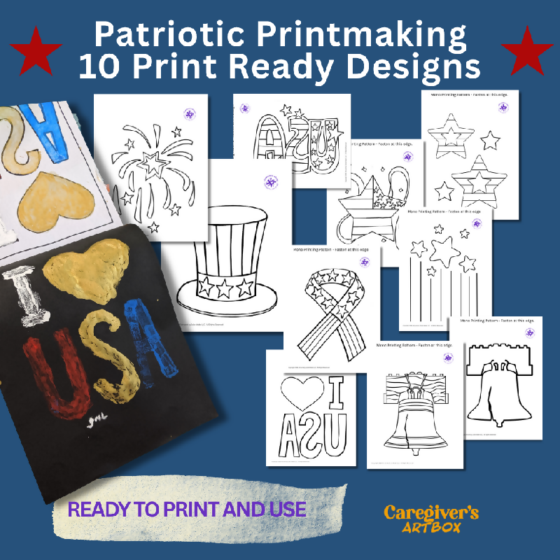 Collection of printable patriotic printmaking patterns including stars, Liberty Bell, fireworks, Uncle Sam hat, America 250 designs, ribbons, and flag-inspired artwork.