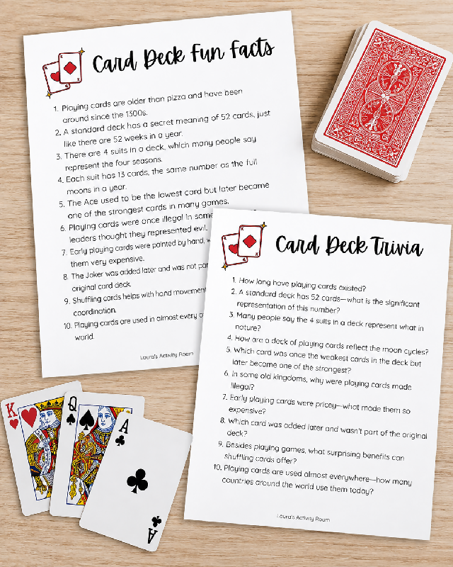 FREE RESOURCE - Trivia Questions and Fun Facts Sheet - Playing Cards with Suits Theme for Group Activity - Game Night,