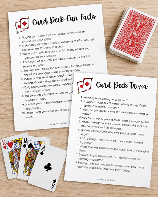 FREE RESOURCE - Trivia Questions and Fun Facts Sheet - Playing Cards with Suits Theme for Group Activity - Game Night,