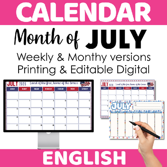 July Calendar for Planning and Organization of Activities - Weekly and Monthly Versions - PDF & Editable Digital