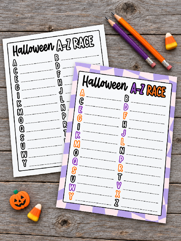 Halloween A-Z Race Game, Printable Activity, Cognitive Word Activity Worksheet, October Fall Party Game