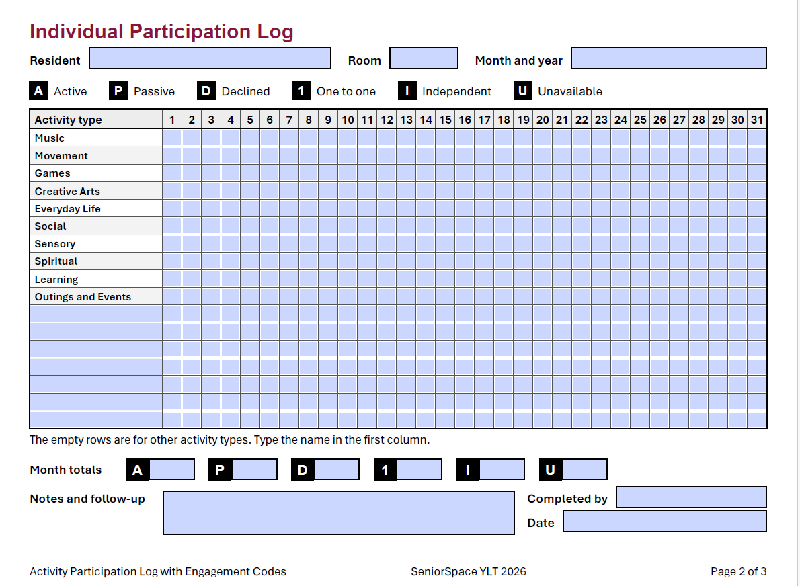 Activity Participation Log with Engagement Codes | Fillable Monthly PDF | Individual and Group Attendance Tracker for Activity Directors