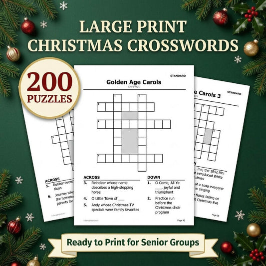 200 Large Print Christmas Crosswords for Seniors – Group Activity Set