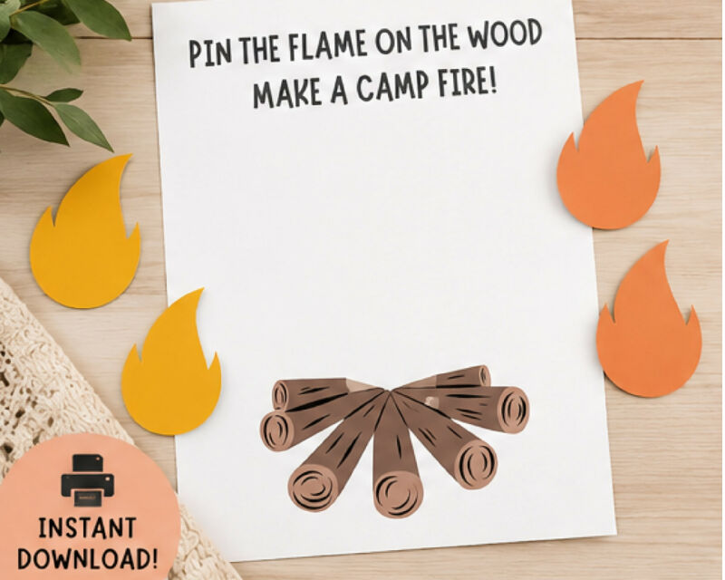 Pin the Flame on the Campfire Wood Game, Pin the Tail Game, Camping Theme Summer Party Game, Printable Activity
