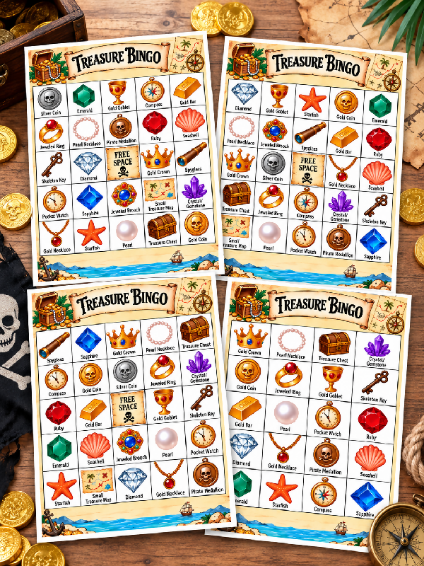 Treasure Bingo (35 Boards) & Scavenger Hunt, Pirate Party or Recreation Activities