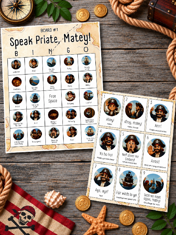 Talk Like a Pirate Day Activity, Let's Speak Pirate Bingo Game, With Playing Cards