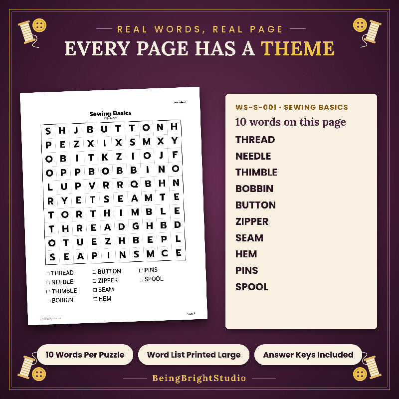 Sewing and Crafts Word Search for Activity Directors, 50 Extra Large Print Puzzles, Answer Keys, Bingo Cards