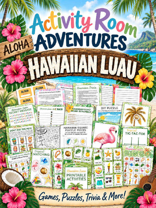BIG Hawaiian Luau Activity Bundle, Bingo Boards, Playing Card, Scavenger Hunt, Includes Activity Protocols for Recreation Directors / Group