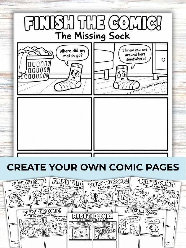 Finish the Comic, Create a Comic Book Coloring Page, Writing and Drawing Activity, 40 Story Panels, Printable Pages