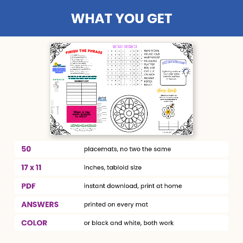 50 Activity Placemats for Seniors, Large Print Puzzles, Nursing Home Activity Director Printable, Memory Care Digital Download