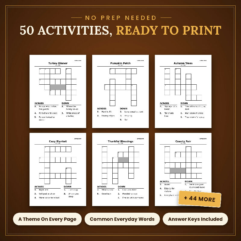 Fall Thanksgiving Crossword for Seniors, 50 Extra Large Print Puzzles, Answer Keys, US Letter and A4