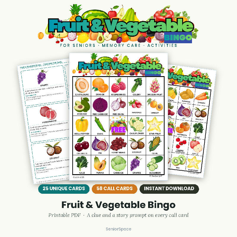 Fruit and Vegetable Bingo for Seniors, 25 Printable Cards, 58 Call Cards with Clues, Memory Care Activity, Instant Download