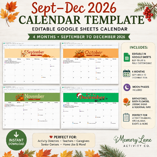 Senior Activity Calendar Template 2026 | Editable Google Sheets Calendar | Recreation Therapy & Activity Directors