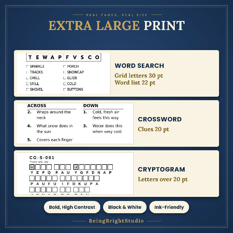 Extra Large Print Winter Puzzle Bundle for Activity Directors, 150 Printable Puzzles, Word Search, Crossword, Cryptogram, Bingo, Planner
