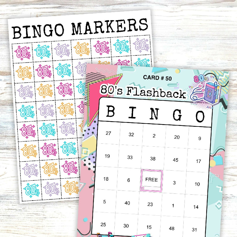80's Flashback Bingo, Include Number Calling Cards, Bingo Bucks, Markers, and 50 Retro Themed Printable Boards, Senior's Birthday Party Game