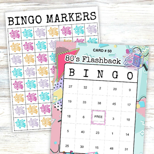 80's Flashback Bingo, Include Number Calling Cards, Bingo Bucks, Markers, and 50 Retro Themed Printable Boards, Senior's Birthday Party Game