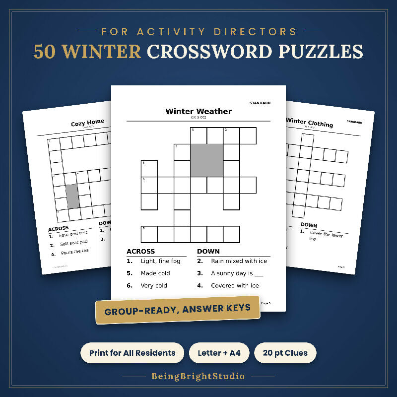 Winter Crossword Puzzles for Seniors, 50 Extra Large Print Pages, Group Activity, Answer Keys