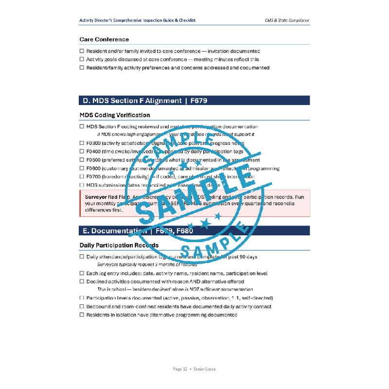 Activity Director Inspection Guide & Checklist | CMS F679 F680 Compliance | Nursing Home Assisted Living Memory Care Printable PDF