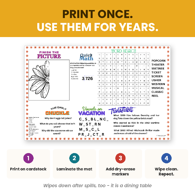 50 Activity Placemats for Seniors, Large Print Puzzles, Nursing Home Activity Director Printable, Memory Care Digital Download