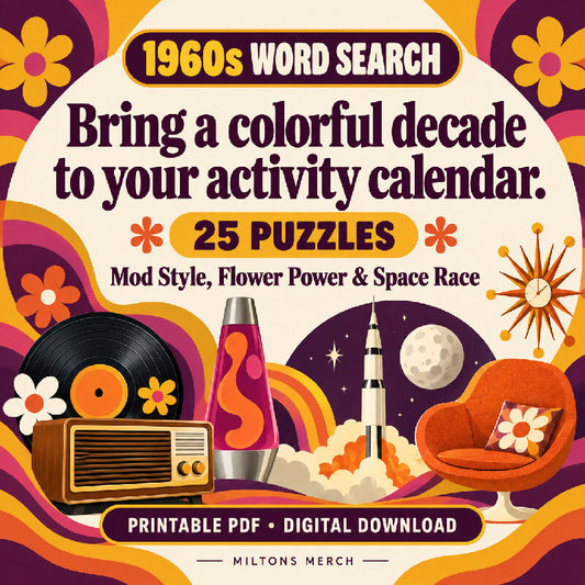 1960s Word Search — Mod Style, Flower Power & Space Race | 25 Large Print Puzzles, PDF