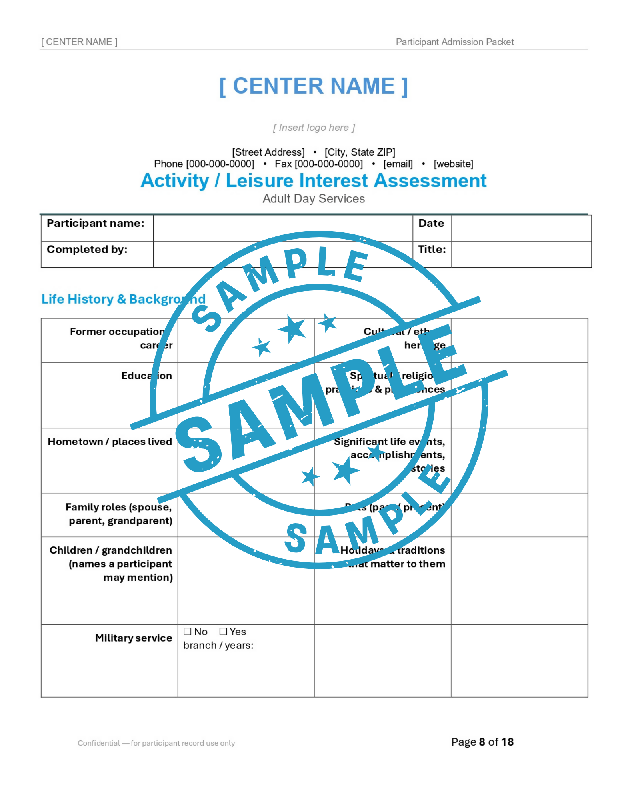 Adult Day Services Participant Admission Packet | Editable Word Intake Forms | Adult Day Care | Customizable Admission Forms