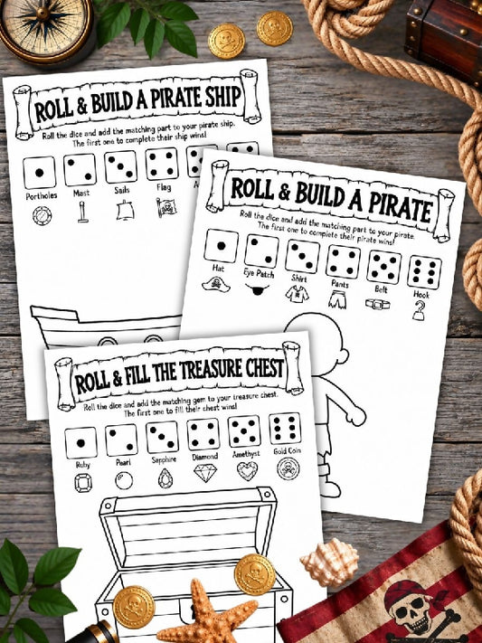 Pirate Dice Games: Roll and Race, Build an Image, Roll and Pass the Parcel Prize