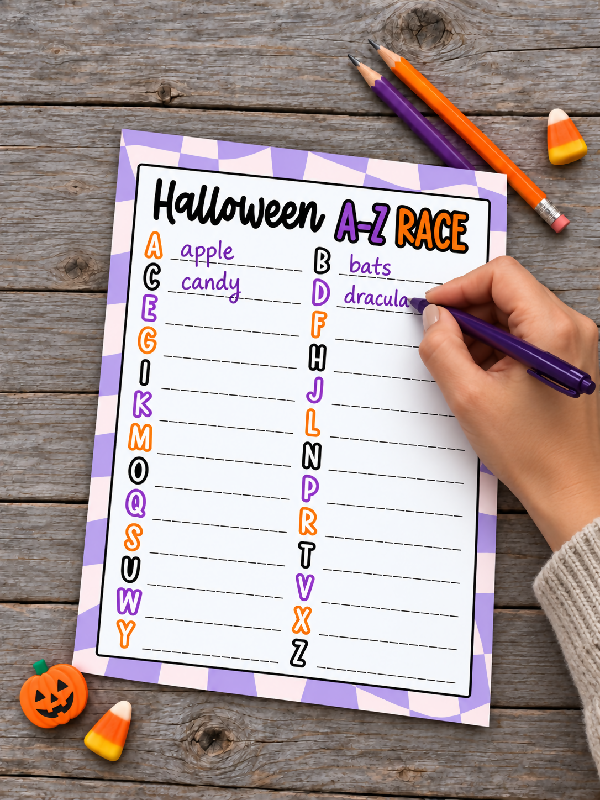 Halloween A-Z Race Game, Printable Activity, Cognitive Word Activity Worksheet, October Fall Party Game