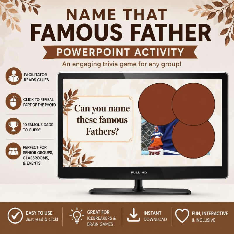 Father's Day Activity Bundle for Seniors | Famous Fathers Trivia PowerPoint, Father's Day Word Search, Finish the Phrase Game | Printable PDF