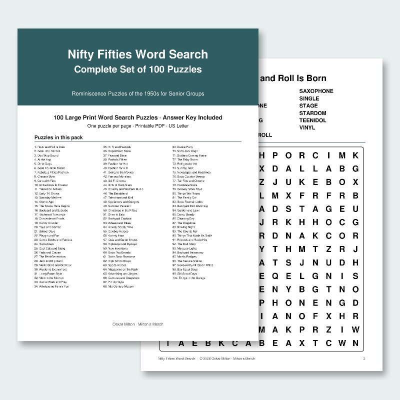 Nifty Fifties Word Search: 100 Large Print 1950s Nostalgia Puzzles for Seniors, Reminiscence Activity (Printable PDF)