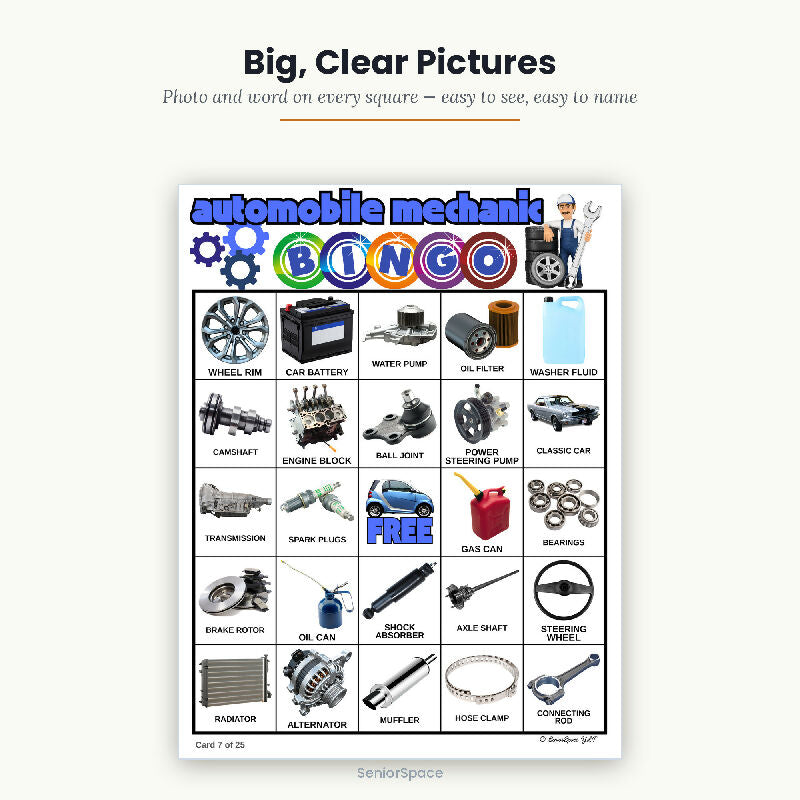 Mechanic Bingo for Seniors, Men's Club Activity, 25 Printable Cards, Call Cards with Clues, Nursing Home Game, Download PDF