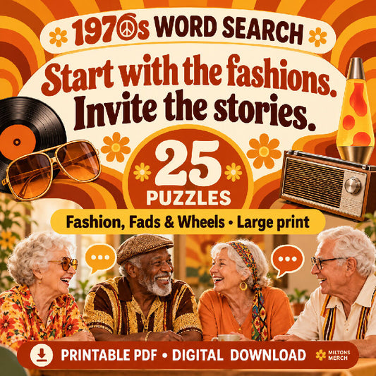 1970s Word Search — Fashion, Fads & Wheels | 25 Large Print Nostalgia Puzzles, PDF