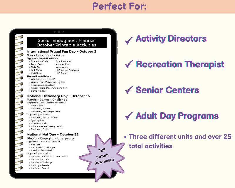 International Frugal Fun Day Activity Bundle for Seniors | October | Creative Games & Senior Engagement Activities