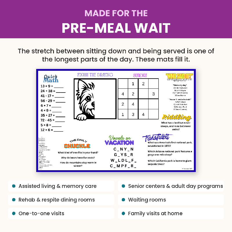 50 Activity Placemats for Seniors, Large Print Puzzles, Nursing Home Activity Director Printable, Memory Care Digital Download