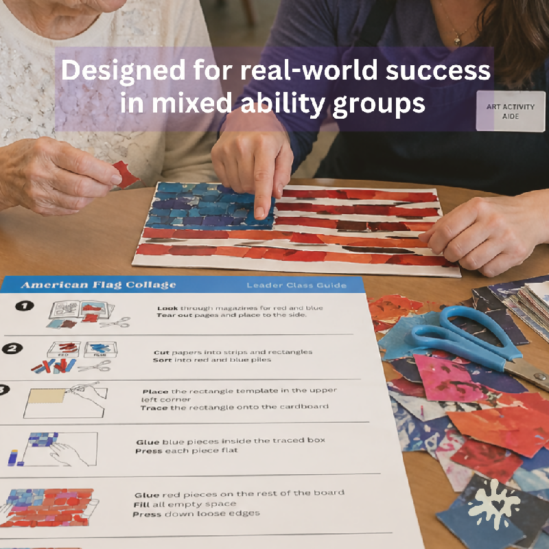 Caregiver guiding an older adult in a senior art class while creating an American flag collage using cut magazine pieces and a printed step-by-step guide.
